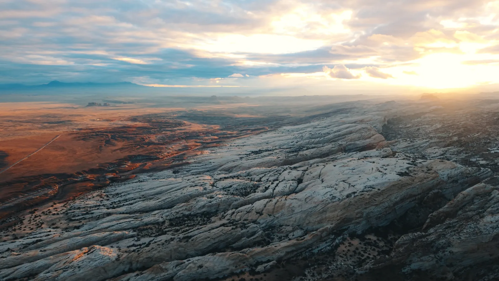 Red rock country from the air at sunset.