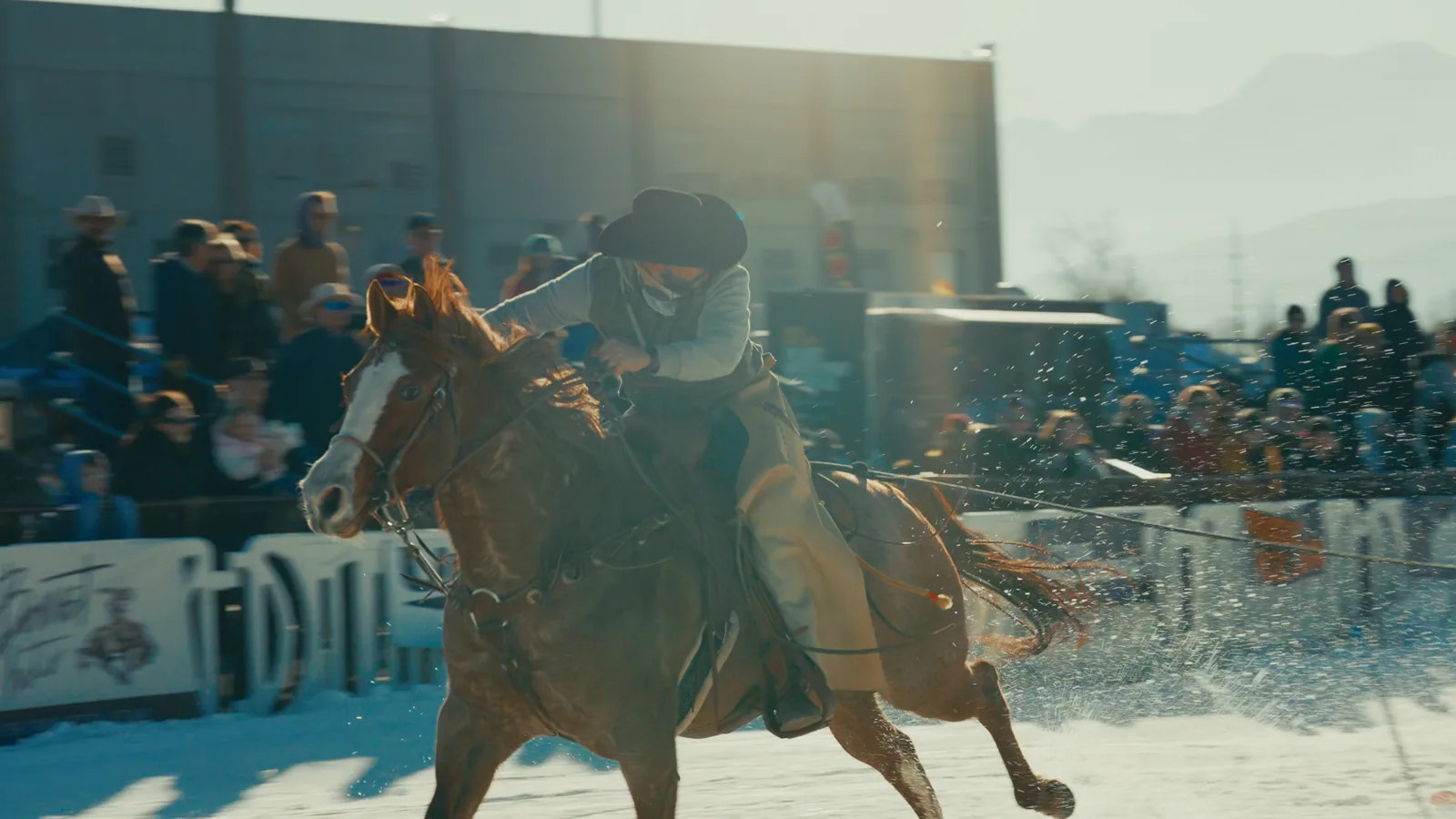A rider at a snowy skijoring race in front of the crowd.