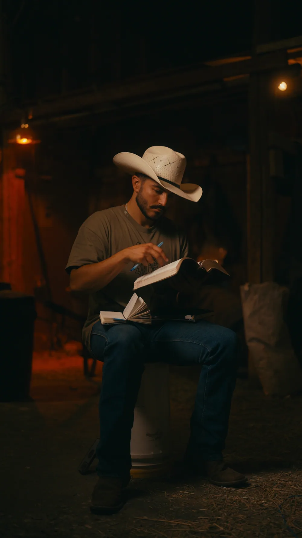 A man in a cowboy hat seated in a dim barn.
