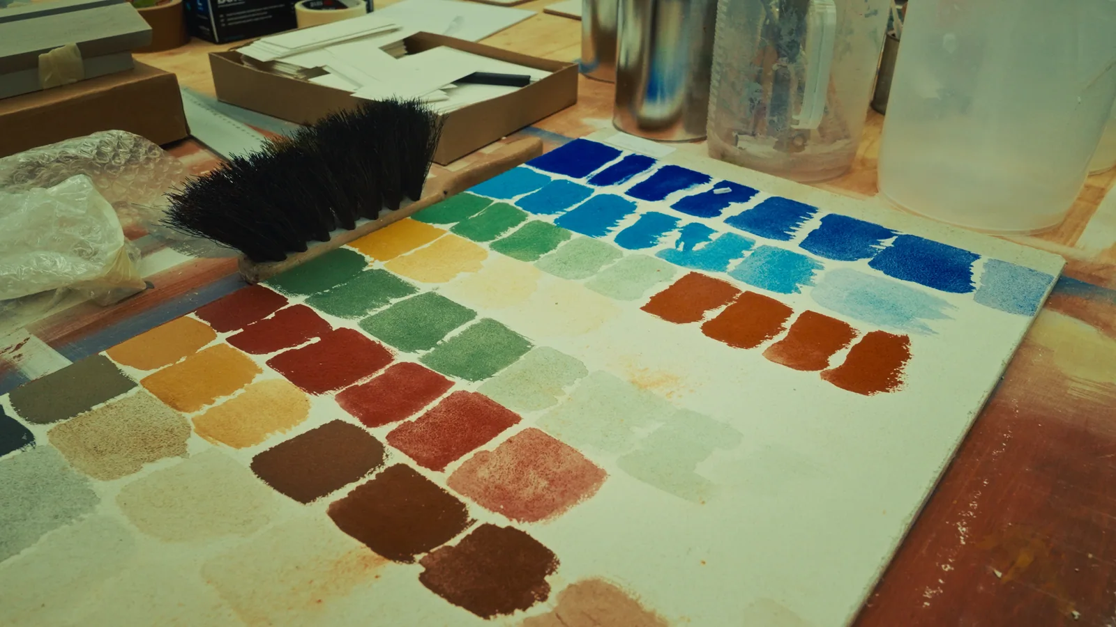 A paintbrush across rows of paint color swatches.